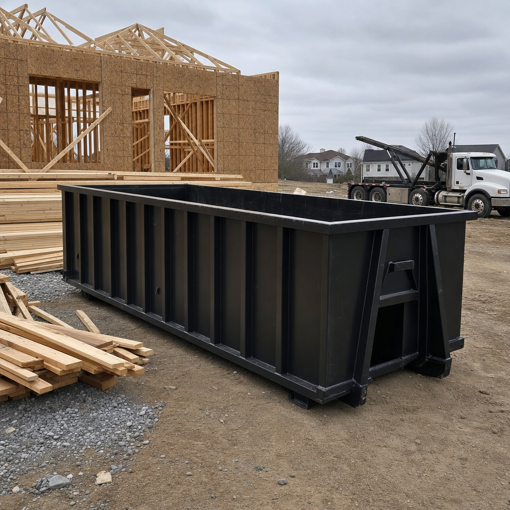 Matte-black 40-yard roll-off dumpster staged on a framed-out residential construction site in Lake Charles, framing lumber stacked nearby, hooklift delivery truck visible in the background under bright Colorado daylight