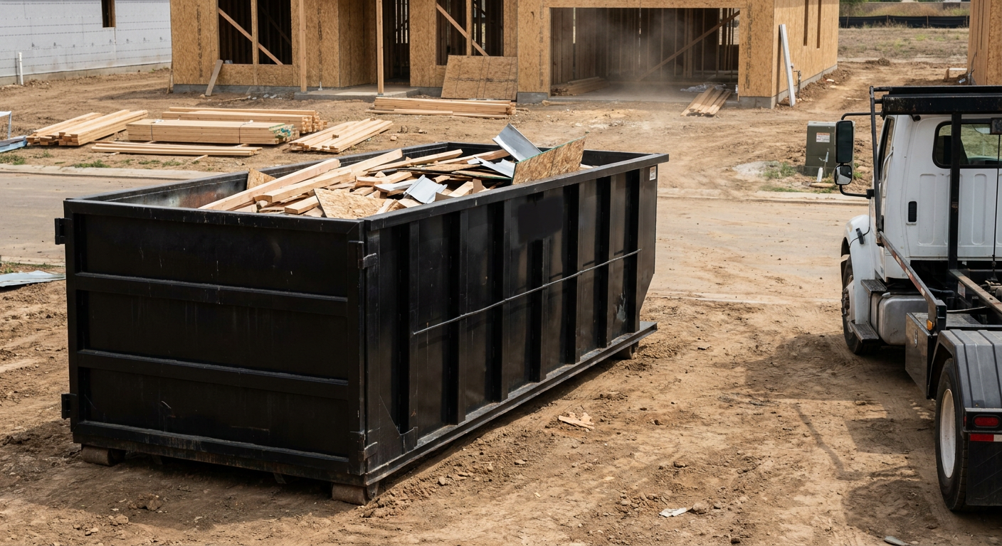 Matte-black 20-yard roll-off construction dumpster with heavy ribbed steel sidewalls and swing rear doors at a working jobsite in Lake Charles, sitting directly on compacted dirt with an unmarked white hauler partially visible at the far edge of the frame.