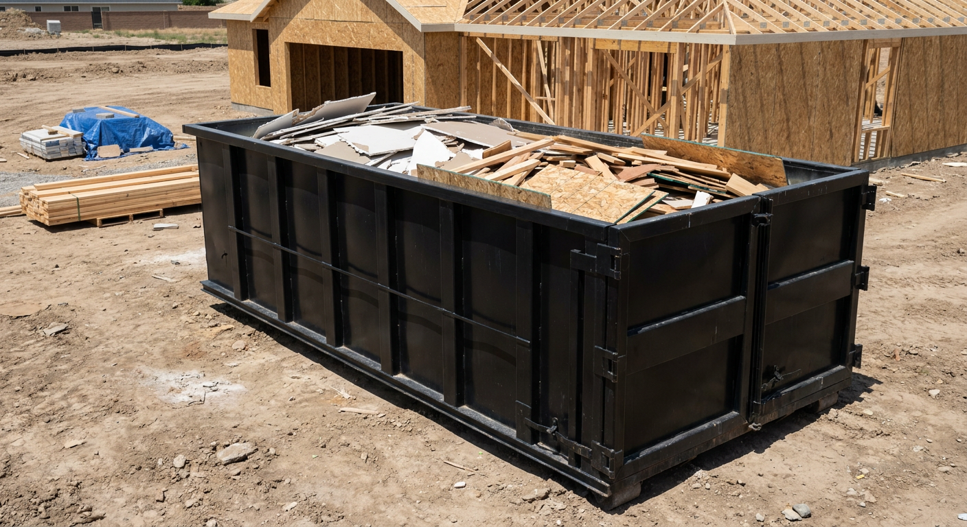 Matte-black 30-yard roll-off construction dumpster sitting directly on the compacted-dirt site of a framed single-family home build in Lake Charles, drywall and lumber scrap loaded inside.