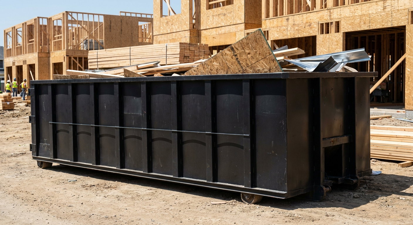 Matte-black 40-yard roll-off construction dumpster being lowered from a white-cab hooklift delivery truck onto the compacted-dirt jobsite at a commercial build site in Lake Charles