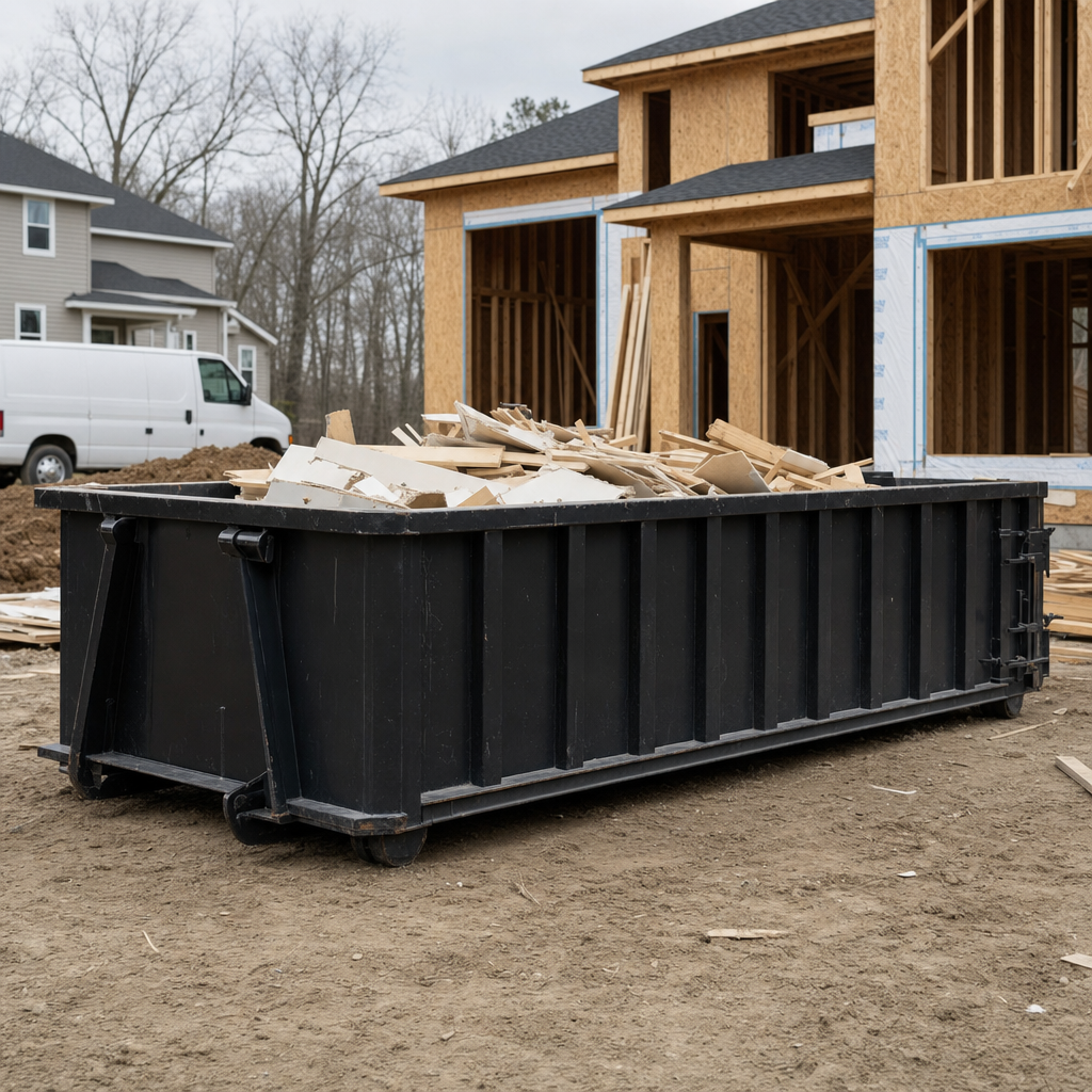 Worker in a yellow high-visibility vest tossing framing lumber and broken drywall into a matte-black 30-yard construction roll-off dumpster on an active build site in Lake Charles, bright daylight