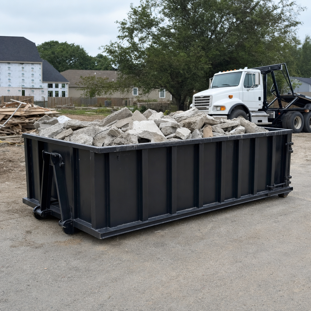 Low-profile matte-black lowboy roll-off dumpster loaded with broken concrete slab and rebar at a foundation tear-out in Lake Charles, skid steer parked beside it, sunny Colorado morning