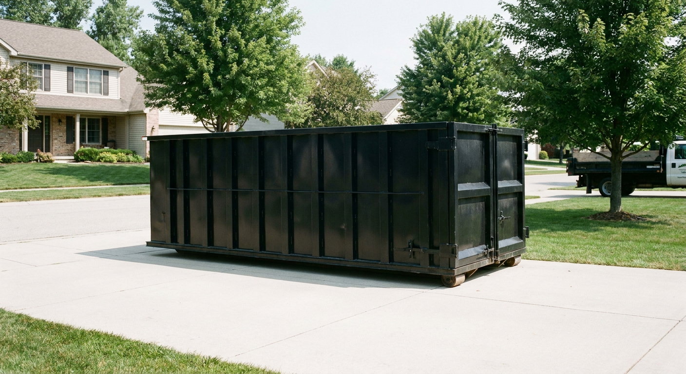 Matte-black 20-yard roll-off dumpster sitting level on a clean Lake Charles residential concrete driveway under bright daylight, demonstrating clean placement directly on the concrete.