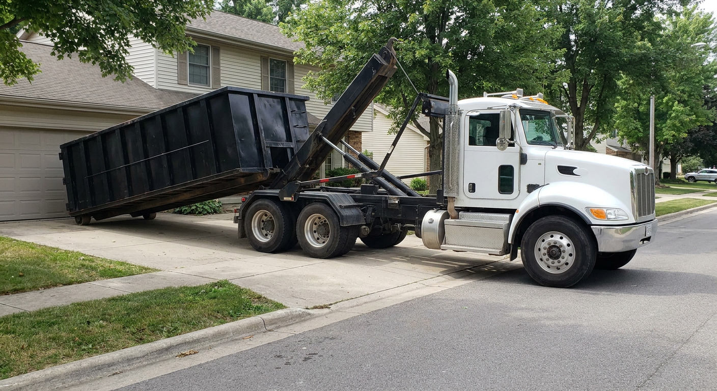 White-cab hooklift roll-off truck actively lowering a matte-black dumpster onto a Lake Charles residential concrete driveway, the dumpster's rear wheels touching the driveway as the hoist arm tilts the bed forward, mid-morning daylight.