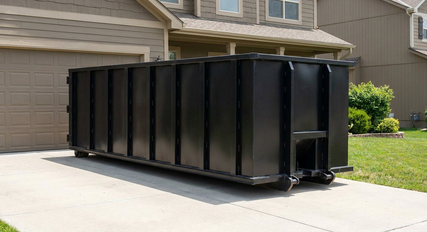 Matte-black residential roll-off dumpster sitting directly on a suburban Lake Charles concrete driveway, garage door closed, single-family home in background, bright morning daylight.