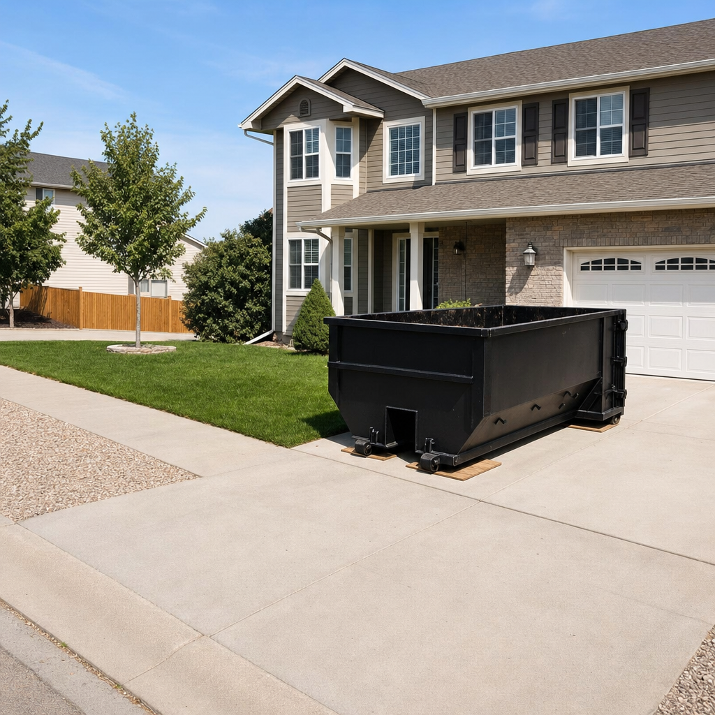 10-yard matte-black residential dumpster placed directly on a narrow Lake Charles concrete driveway, room remains for a parked sedan beside it, mid-morning natural light