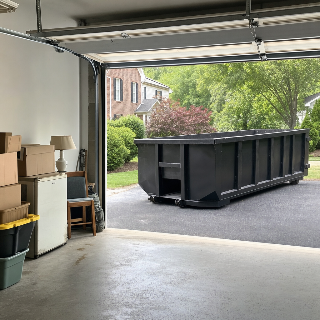 Open garage interior in a Lake Charles home mid-cleanout — boxed items, an old appliance, and stacked yard tools queued near the driveway for a matte-black roll-off dumpster, organized and calm