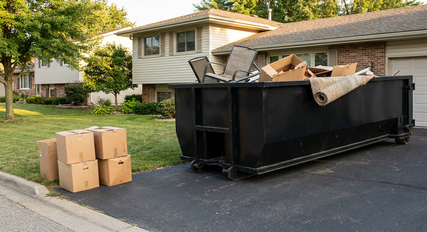 Front-yard view of a Lake Charles split-level home with a 20-yard matte-black roll-off dumpster sitting directly on the asphalt driveway, a few clearly labeled donation boxes staged at the curb, calm sunny afternoon.
