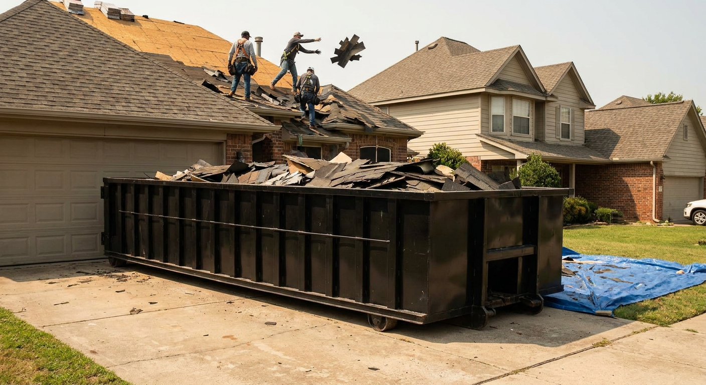 Matte-black roofing roll-off dumpster placed directly on a Lake Charles residential concrete driveway, a tear-off crew on a two-story asphalt-shingle roof tossing shingle bundles into the low-walled container, bright daylight, documentary 35mm perspective.
