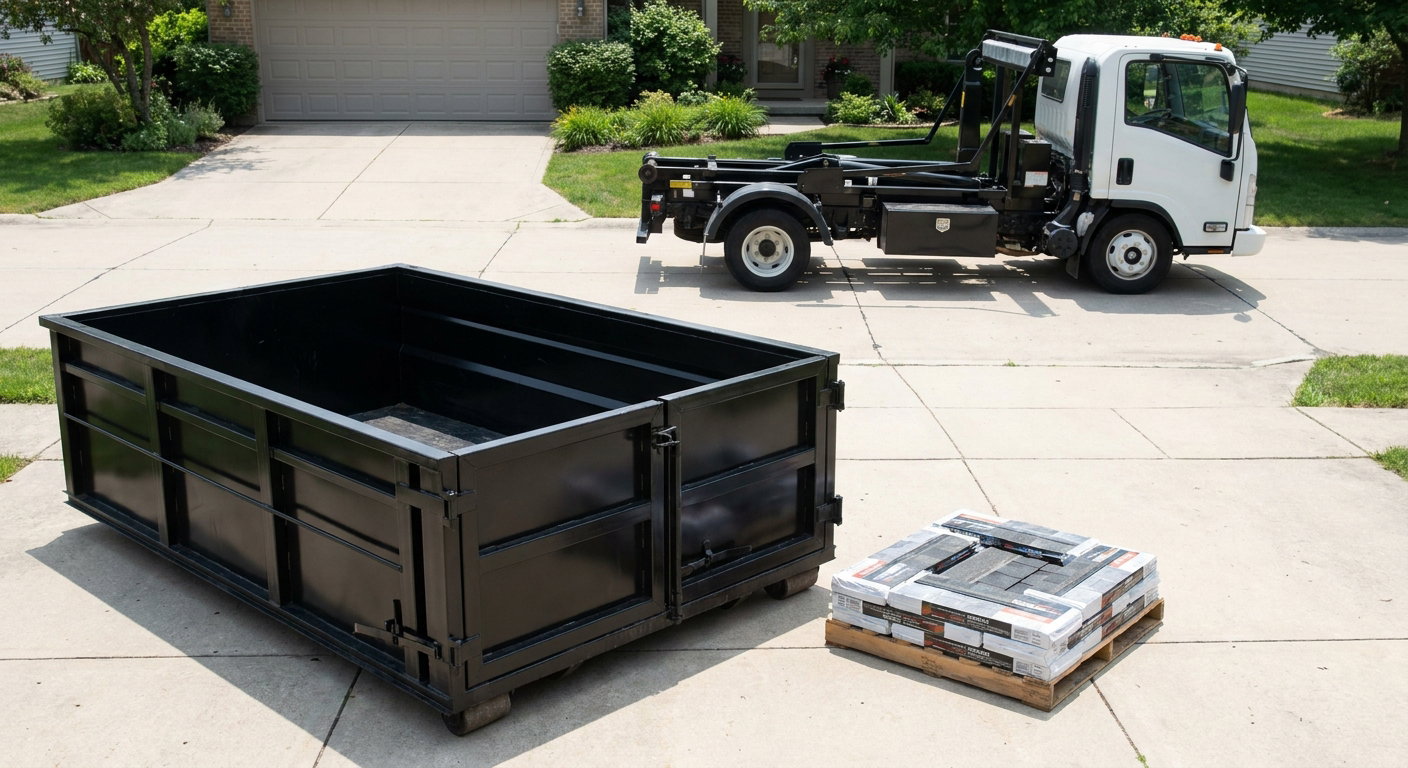 Matte-black 15-yard roofing roll-off dumpster with reinforced low side walls sitting directly on a Lake Charles residential concrete driveway, three-tab asphalt shingle bundles stacked nearby, an unmarked white hauler truck partially visible at the edge of the frame.