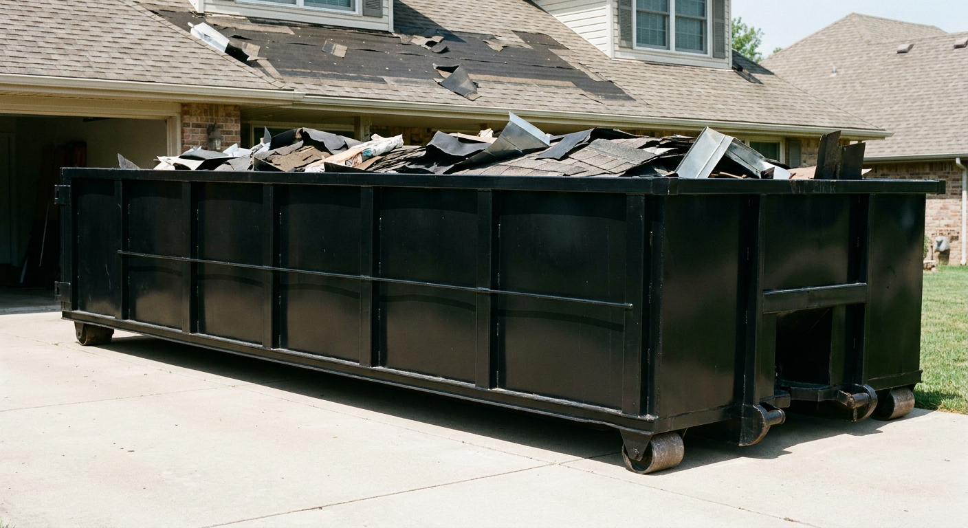 Matte-black 20-yard roofing roll-off dumpster with steel ribbed sides and swinging rear door, sitting directly on the concrete driveway of a two-story Lake Charles home, asphalt shingle debris being loaded over the low wall, clean documentary lighting.