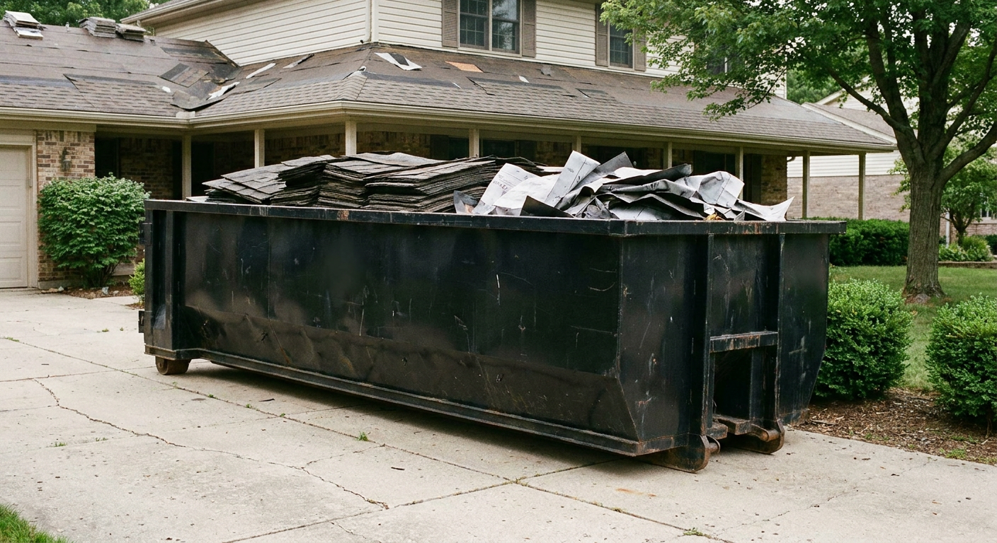 Matte-black 30-yard roofing roll-off dumpster sitting directly on a Lake Charles concrete driveway, taller ribbed steel side panels, mixed tear-off debris of asphalt shingles and underlayment inside, professional documentary daylight.