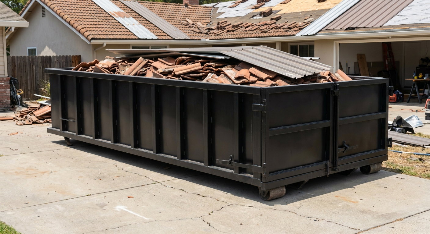 Matte-black low-wall heavy-debris roofing roll-off dumpster sitting directly on a Lake Charles concrete driveway, broken concrete clay roof tiles and metal panel sections loaded inside, reinforced ribbed steel side walls visible, bright outdoor daylight.