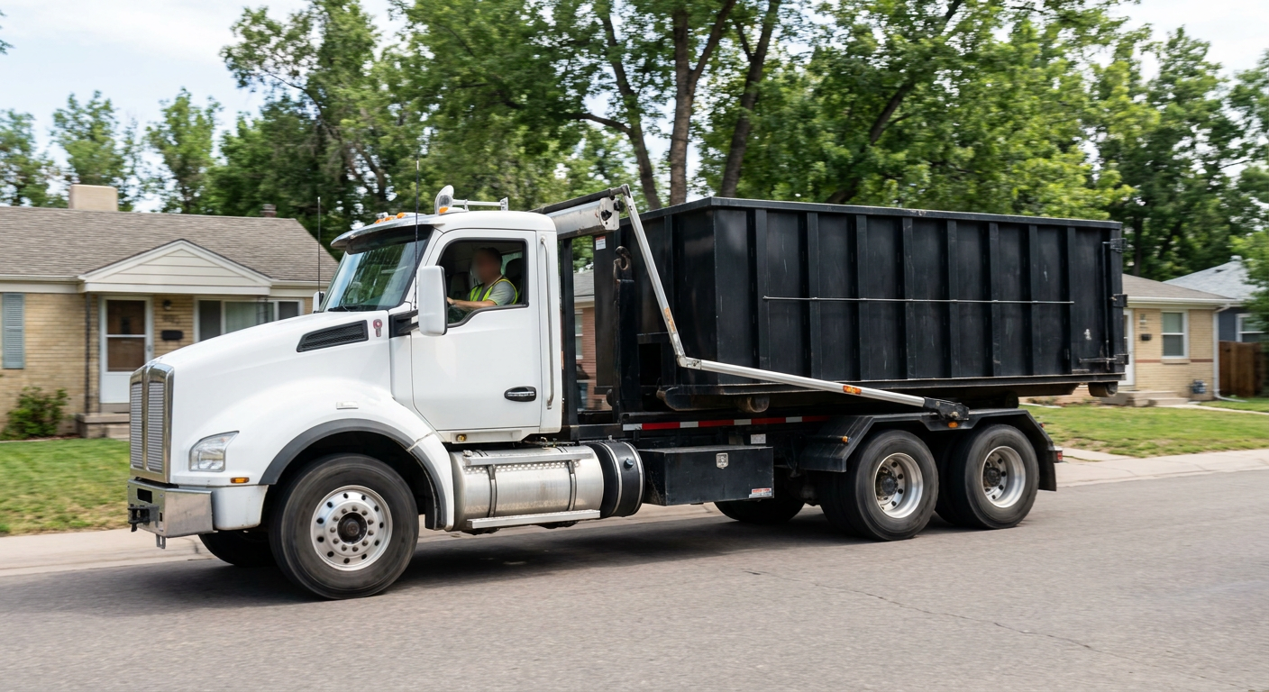 A wide documentary shot of a matte-black roll-off delivery truck pulling onto a quiet Lake Charles residential street at mid-morning, with neighborhood rooftops and tree-lined blocks visible behind, showing the metro coverage footprint.