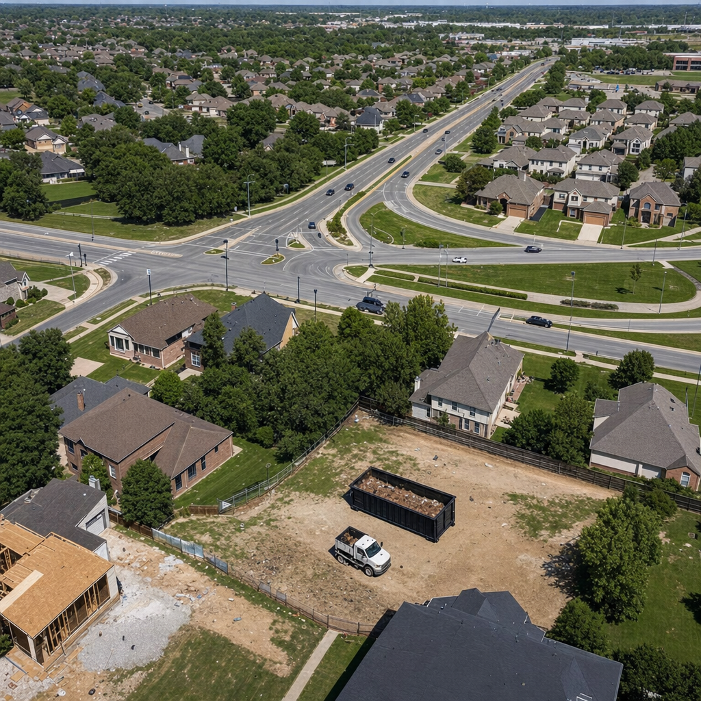 An overhead documentary view of the Lake Charles metro area at midday, showing the spread of neighborhoods, arterial roads, and the dispatch radius from a central yard — clean daylight, organized geographic layout.