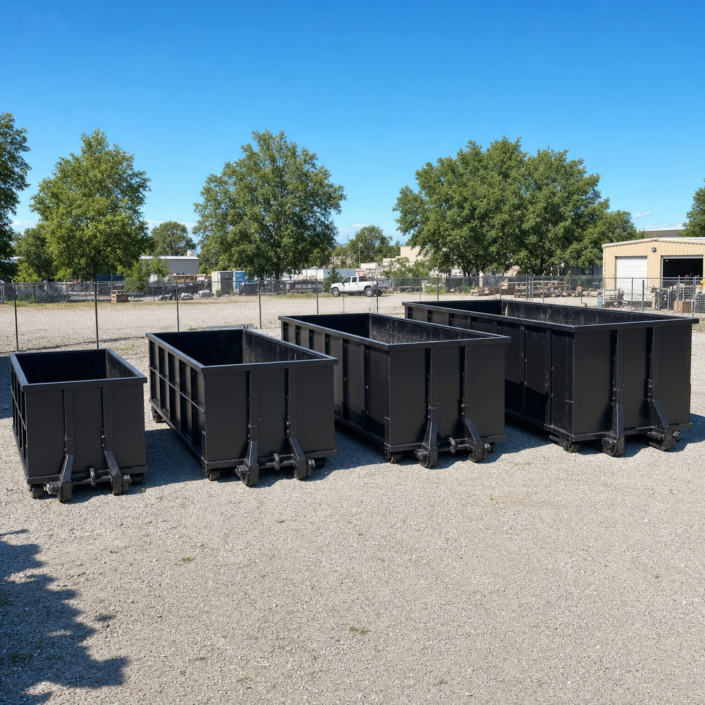 A clean lineup of matte-black roll-off dumpsters in 10, 20, 30, and 40-yard sizes staged on a sunlit gravel yard in Lake Charles, showing the size progression from compact to commercial-scale containers.