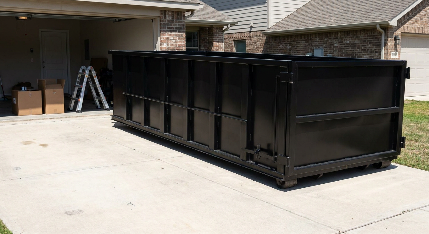 A matte-black 10-yard roll-off dumpster sitting directly on a residential Lake Charles concrete driveway, mid-day sunlight, clean and ready for a garage cleanout.