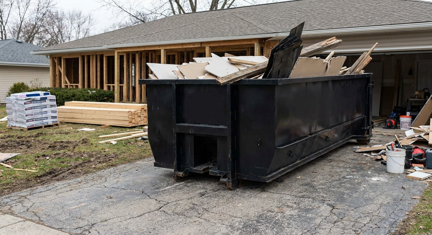 A matte-black 20-yard roll-off dumpster placed alongside a mid-renovation Lake Charles home directly on the asphalt driveway, with framing materials and torn-off shingles staged neatly nearby.