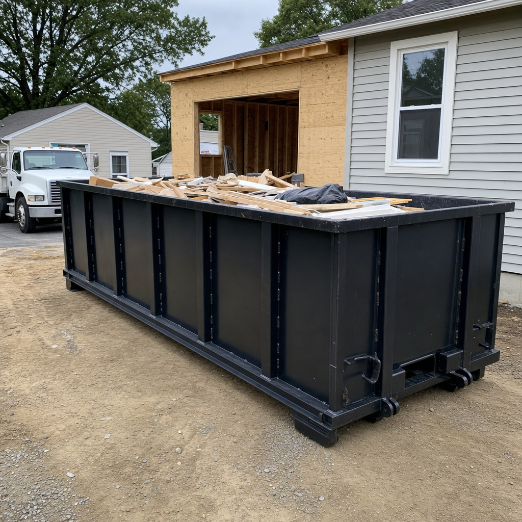 A matte-black 30-yard roll-off dumpster positioned at a Lake Charles residential addition jobsite, with framing lumber and drywall scraps loaded through the open swinging rear doors.