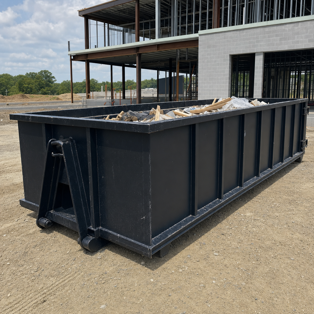 A matte-black 40-yard roll-off dumpster staged on a large Lake Charles commercial construction lot, with a hooklift delivery truck parked alongside under bright midday sky.