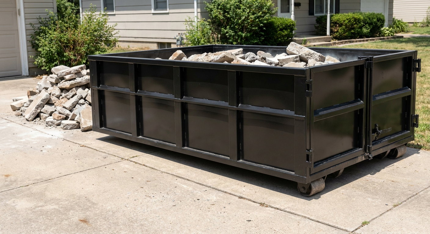 A matte-black low-side heavy-debris roll-off dumpster placed directly on a Lake Charles concrete driveway, with broken concrete chunks neatly stacked beside it under clean daylight.